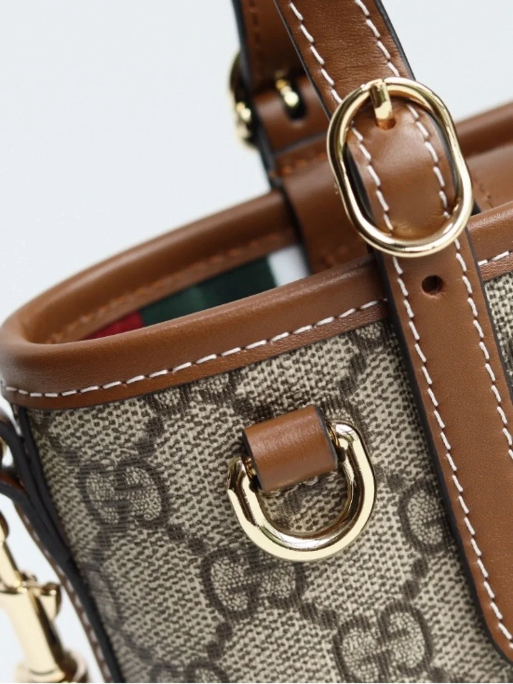 Gucci Beige GG Canvas Top-Handle Crossbody Bag with Brown Leather Trim